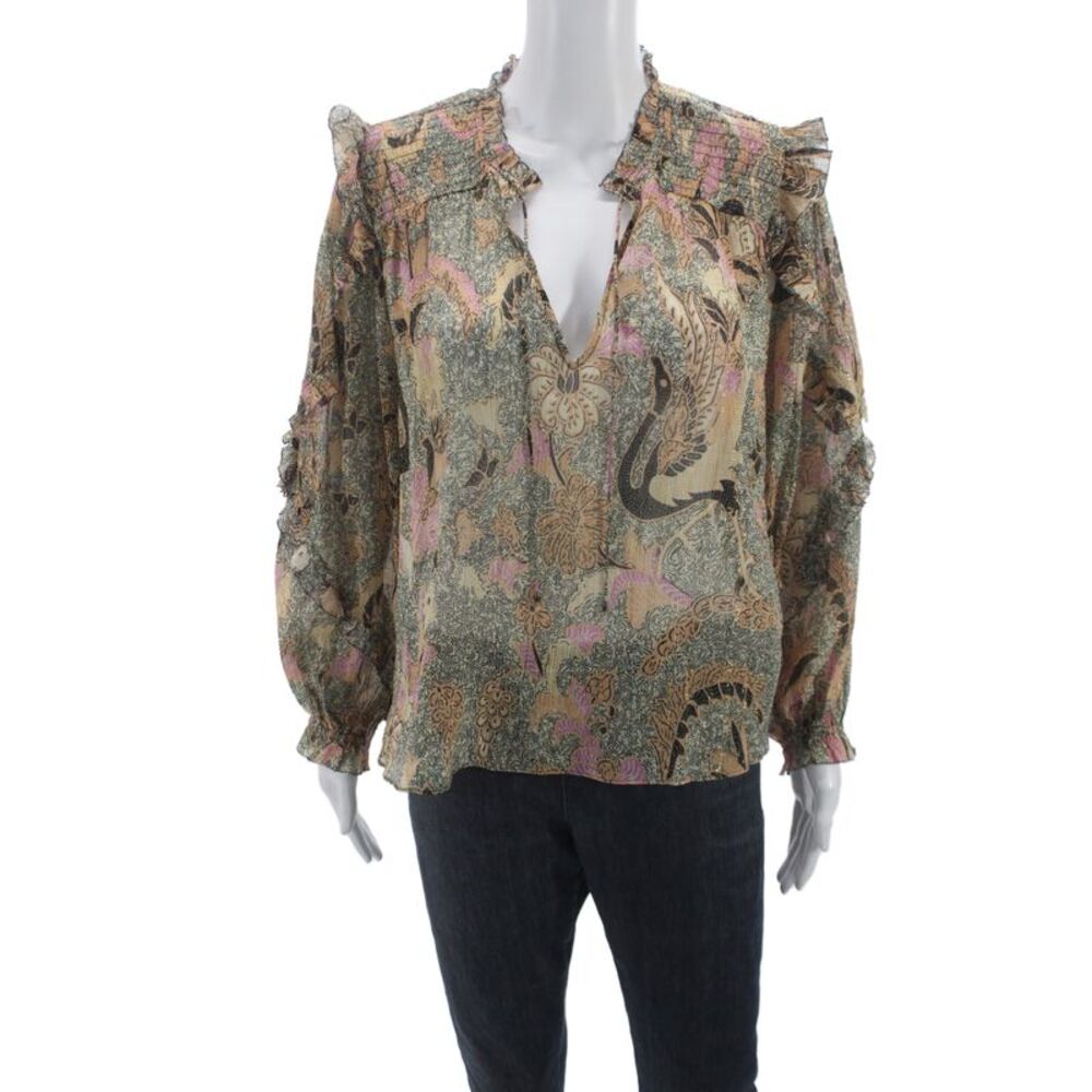 Ulla Johnson Women Tunic Blouse Floral V-Neck Drawstring Multi-Color LS Size 6